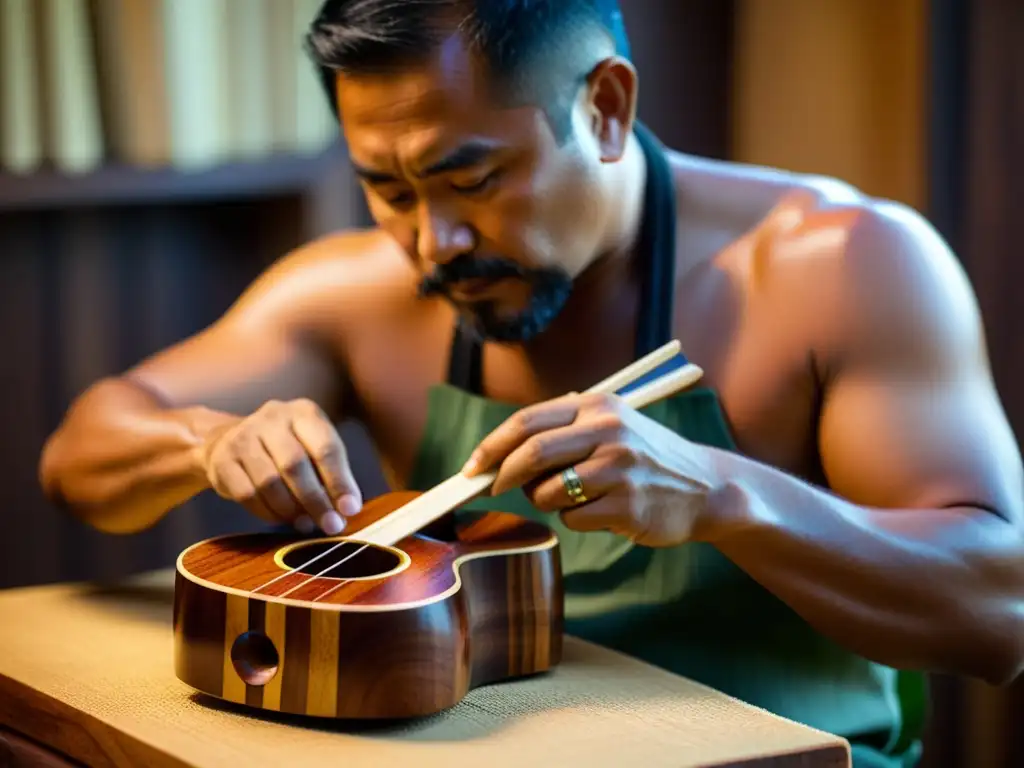 Artesano hawaiano tallando un ukelele de koa con maestría, evocando la historia del ukelele en Hawái