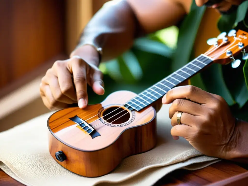 El hábil artesano hawaiano talla un ukulele de madera koa, mostrando detalles intrincados y la conexión con la cultura hawaiana