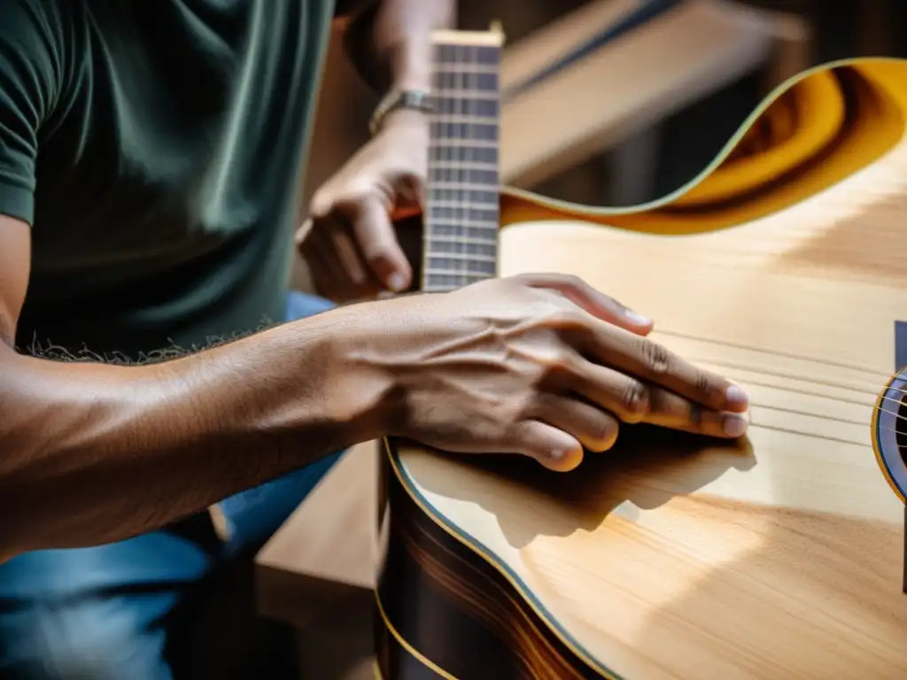 Un artesano hábil crea una hermosa guitarra acústica con madera sostenible, mostrando avances tecnología verde instrumentos musicales