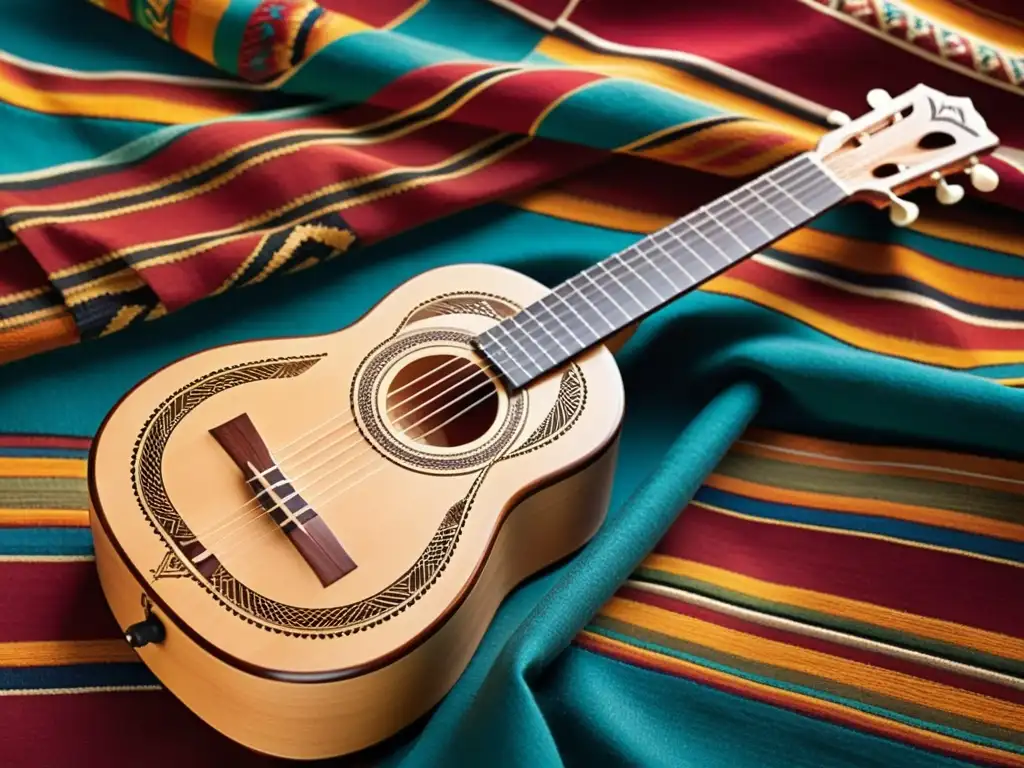 Un artesano sostiene un hermoso charango andino, rodeado de textiles y otros instrumentos tradicionales, listo para tocar