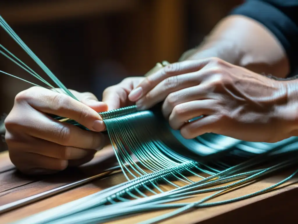 Un artesano teje con precisión hilos de metal para fabricar una delicada cuerda musical