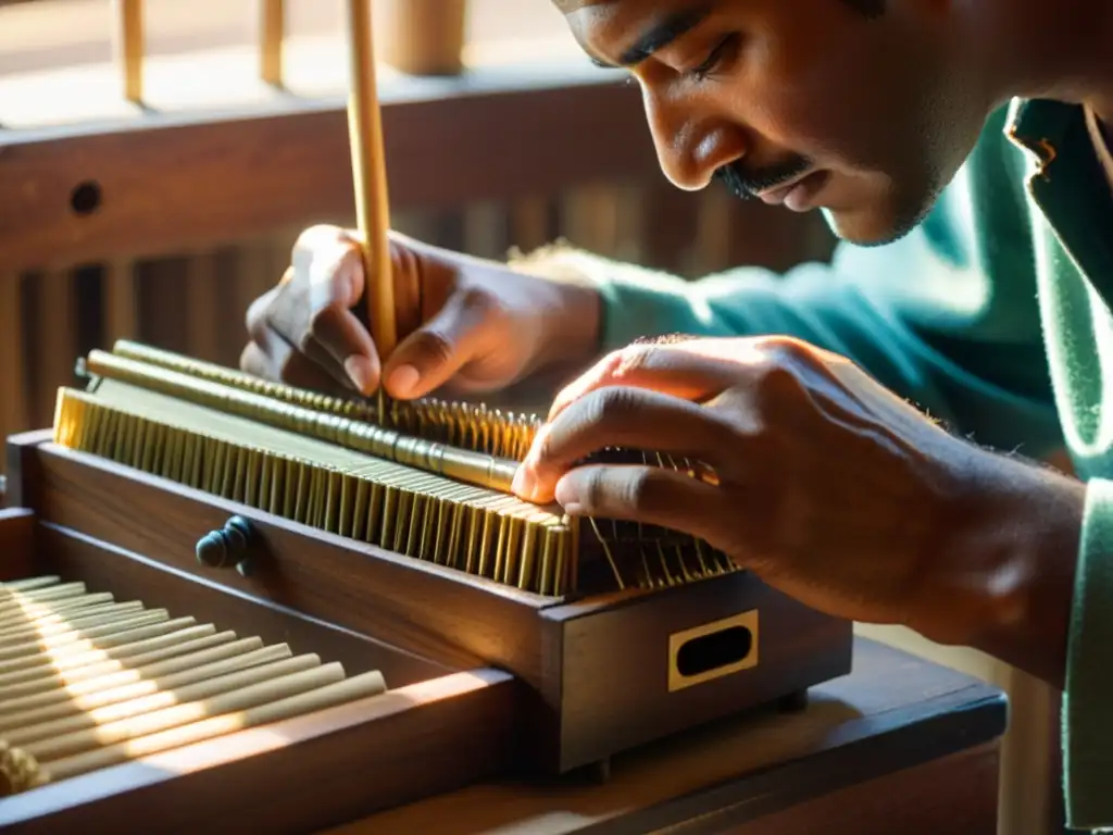 Un artesano de bandoneón histórico ajusta con cuidado los detalles de la construcción del instrumento, bañado por la cálida luz del taller