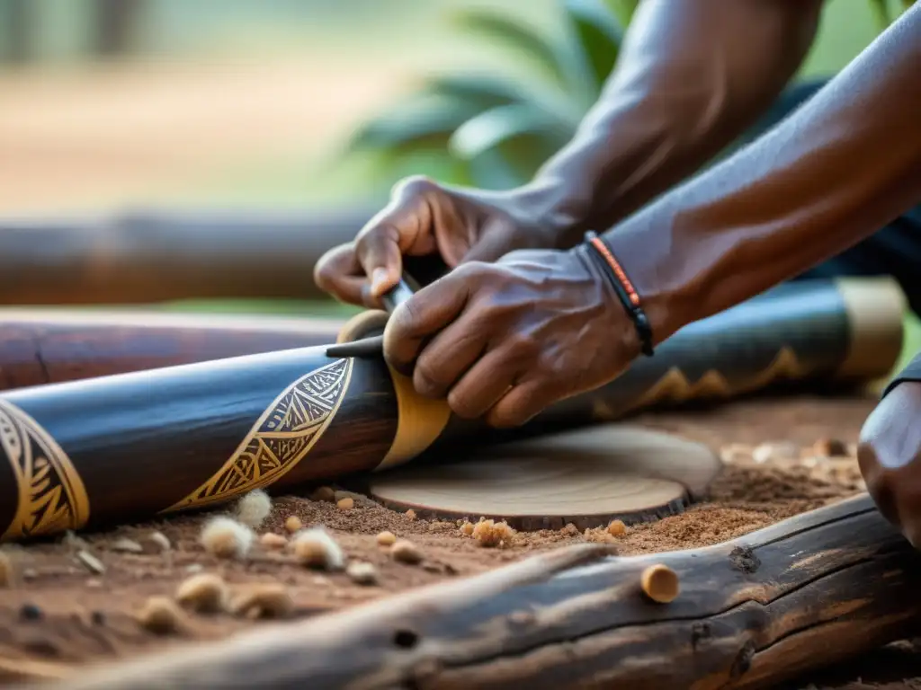 Artesano indígena australiano tallando un didgeridoo en un tronco de eucalipto, mostrando habilidad y conexión con la tradición