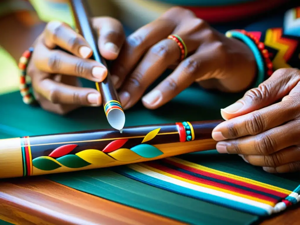 Artesano indígena tallando con cuidado una flauta nativa, resaltando la importancia cultural de las flautas nativas en rituales ancestrales