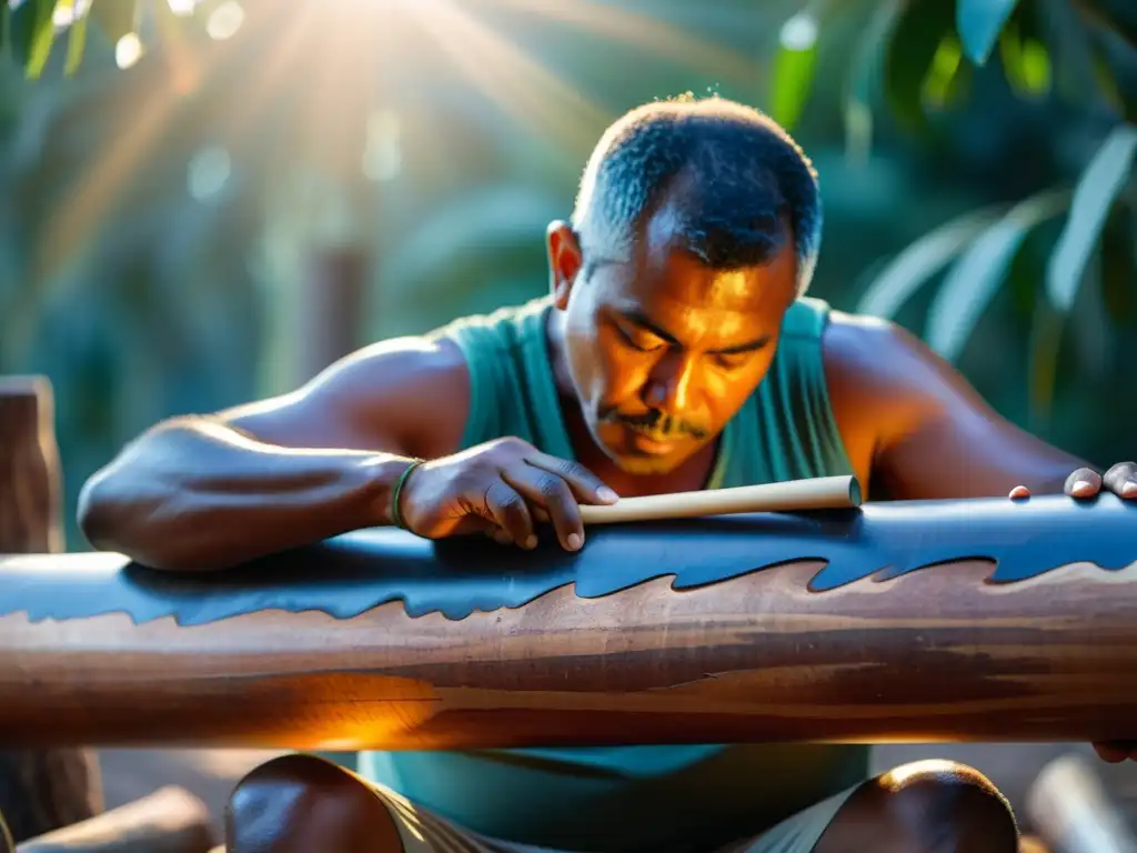 Artesano indígena tallando un didgeridoo en un tronco de eucalipto, conectando con la historia del didgeridoo y su cultura australiana