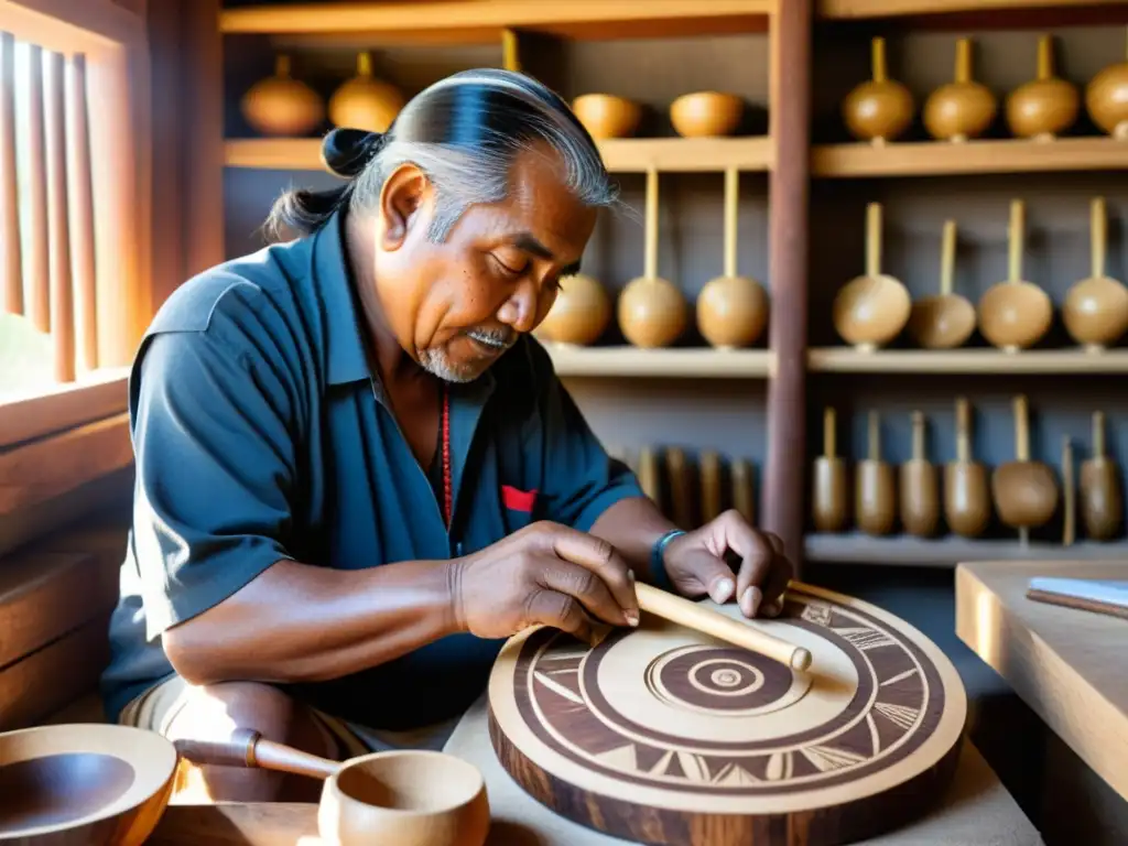 Un artesano indígena esculpe un instrumento musical tradicional con técnicas de fabricación de instrumentos musicales indígenas