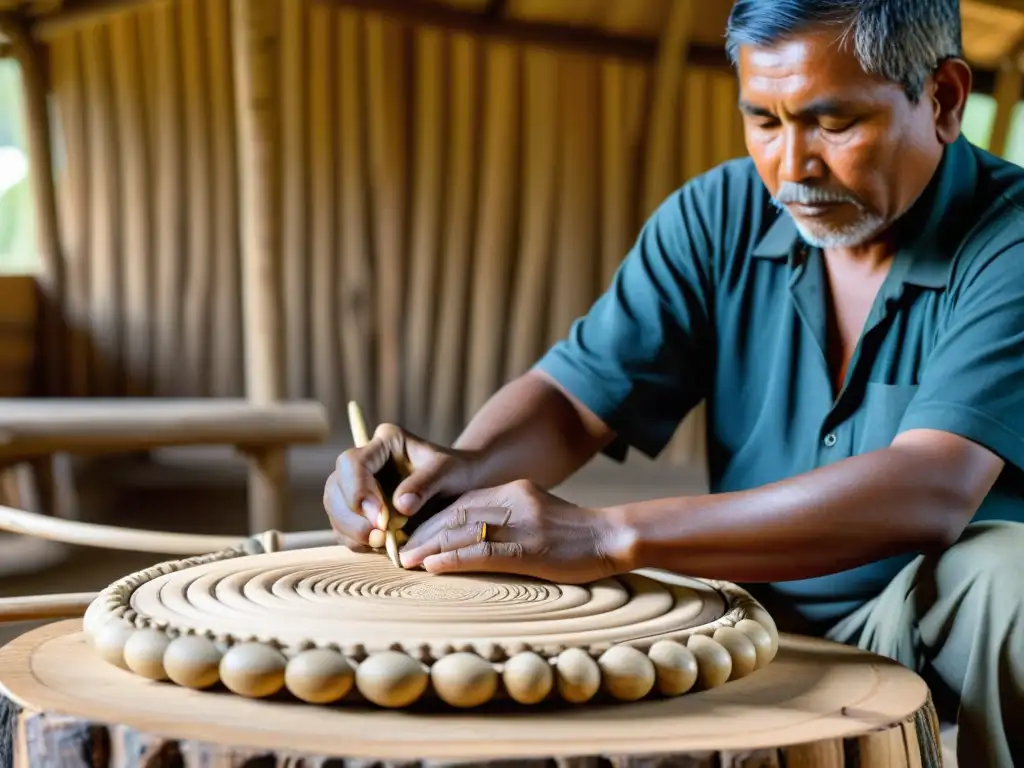 Un artesano indígena talla con maestría un instrumento musical tradicional, mostrando las técnicas de fabricación de instrumentos musicales indígenas