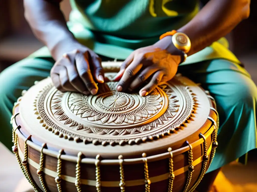 Artesano indio tallando un Dhol: historia, sonido, construcción