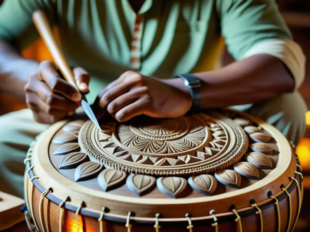 Un artesano indio talla diseños en un mridangam con un cincel, rodeado de herramientas y materiales