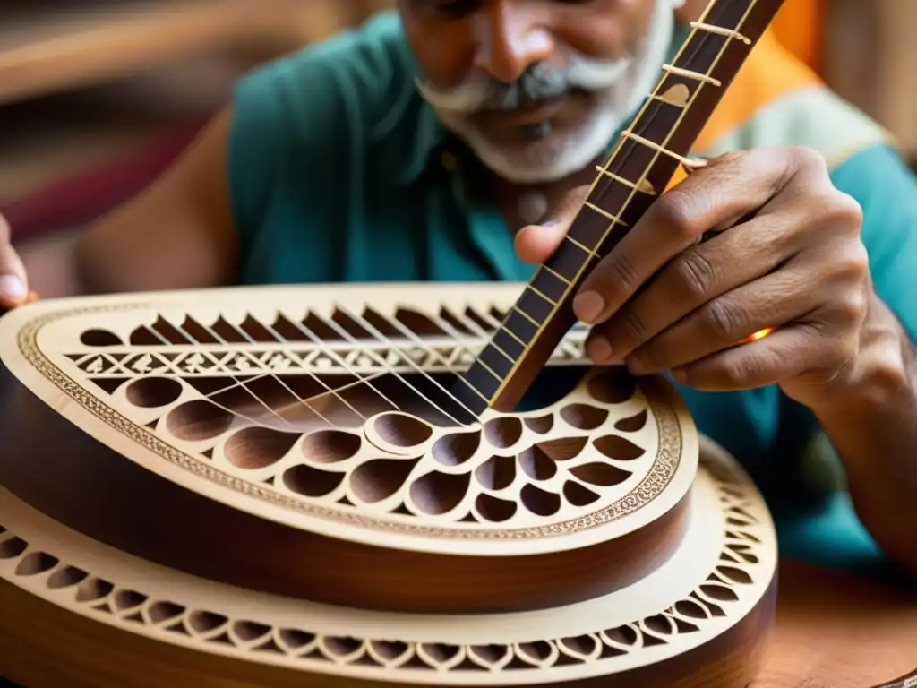 Artesano indio tallando diseños en un sitar, destacando la tradición centenaria de estos instrumentos musicales del mundo