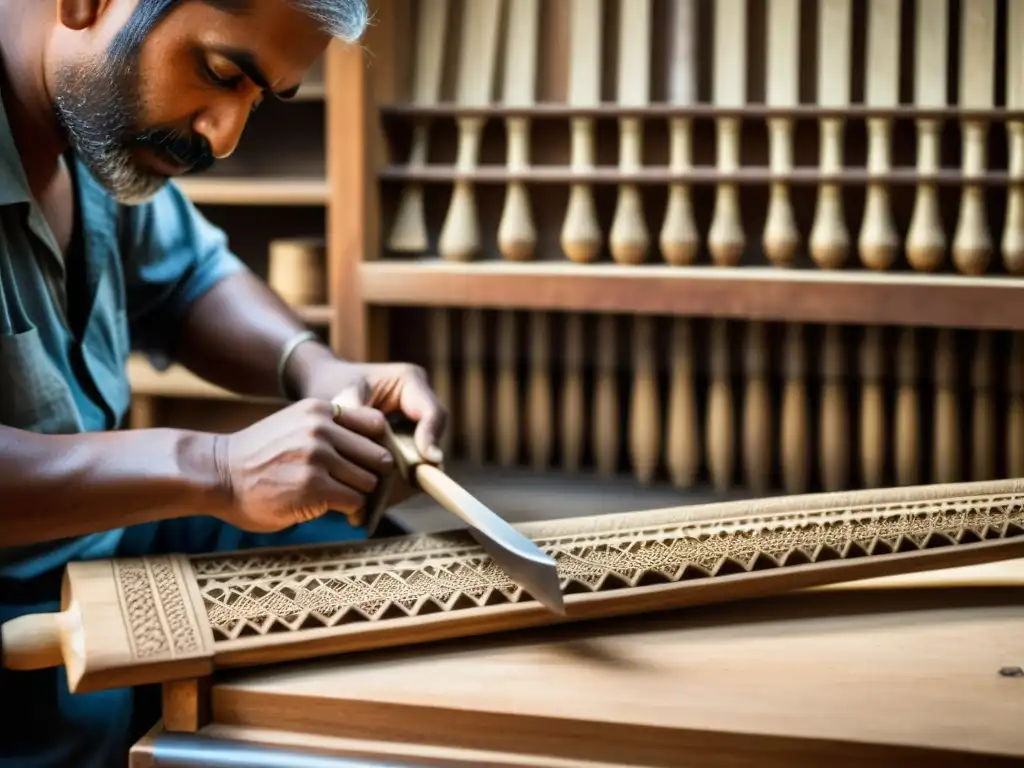 Un artesano indio talla con maestría un sarangi, mostrando la historia y construcción del sarangi indio