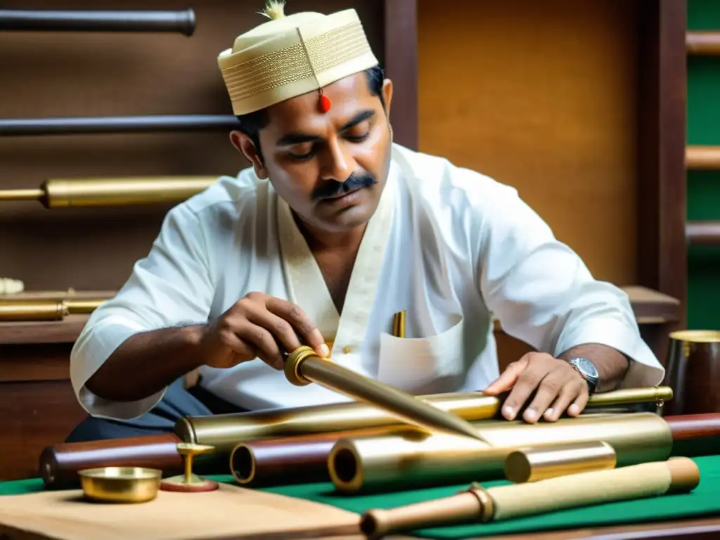 Artesano indio creando con precisión un shehnai, destacando su significado cultural