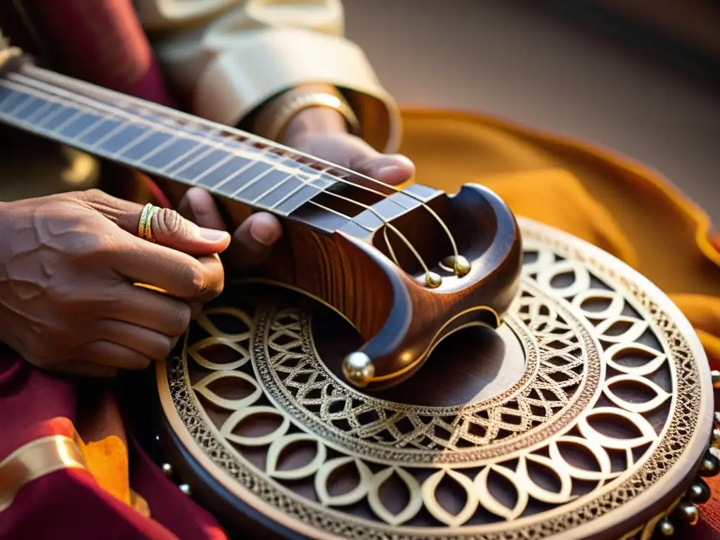 Un artesano indio talla con destreza diseños en el mástil de un sitar, mostrando la rica artesanía de este instrumento musical icónico de la India