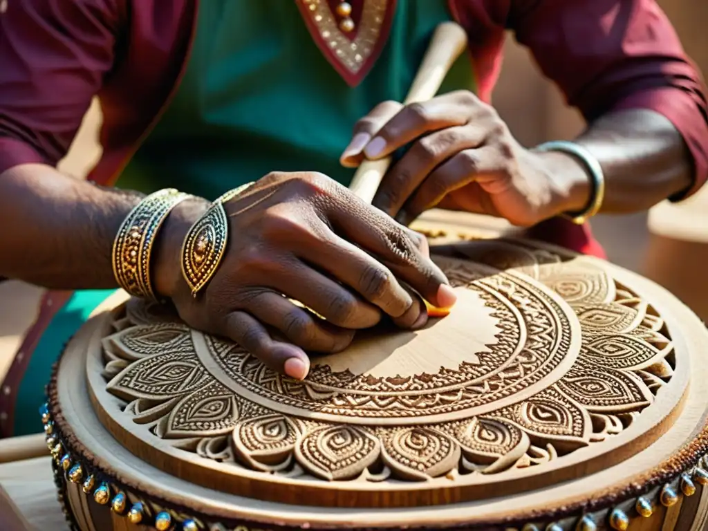 Artesano indio talla con destreza el cuerpo de un Dhol indio, inmerso en un taller tradicional