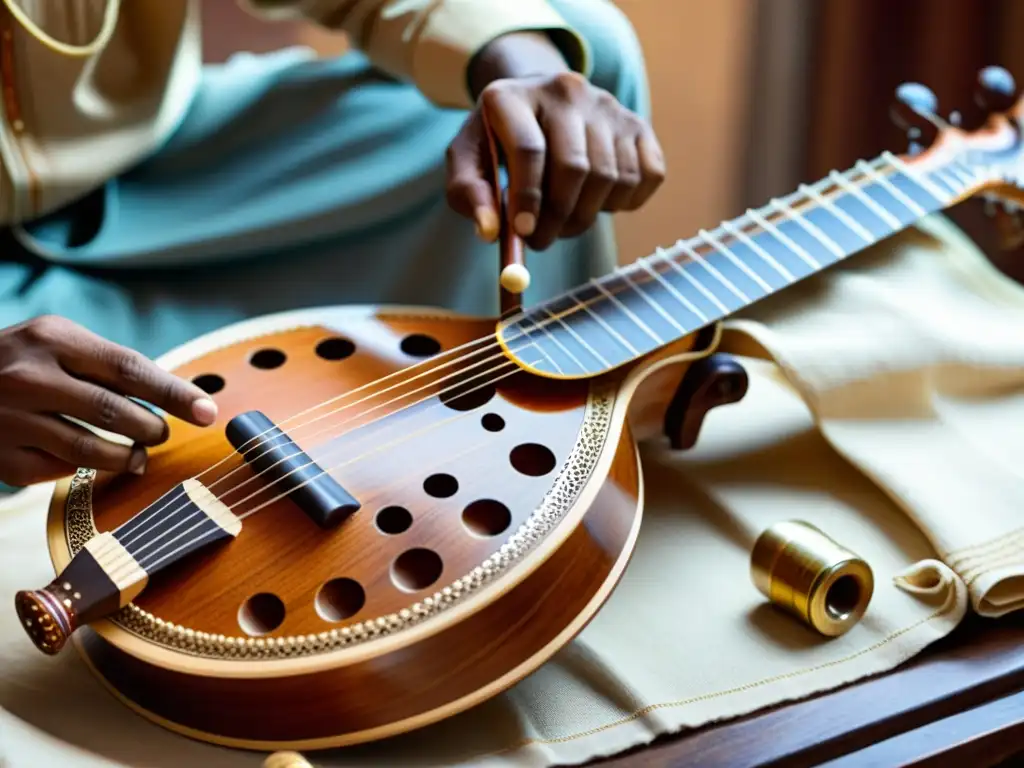 Un artesano indio meticulosamente construyendo un sitar tradicional, destacando la incorporación de timbres globales en instrumentos