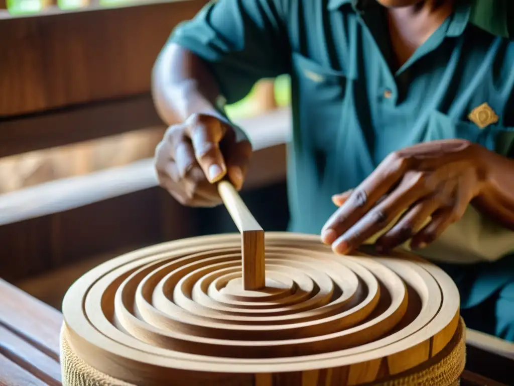 Un artesano en Indonesia talla con destreza patrones en madera de teca para la conservación del Kendang, bajo la suave luz del taller