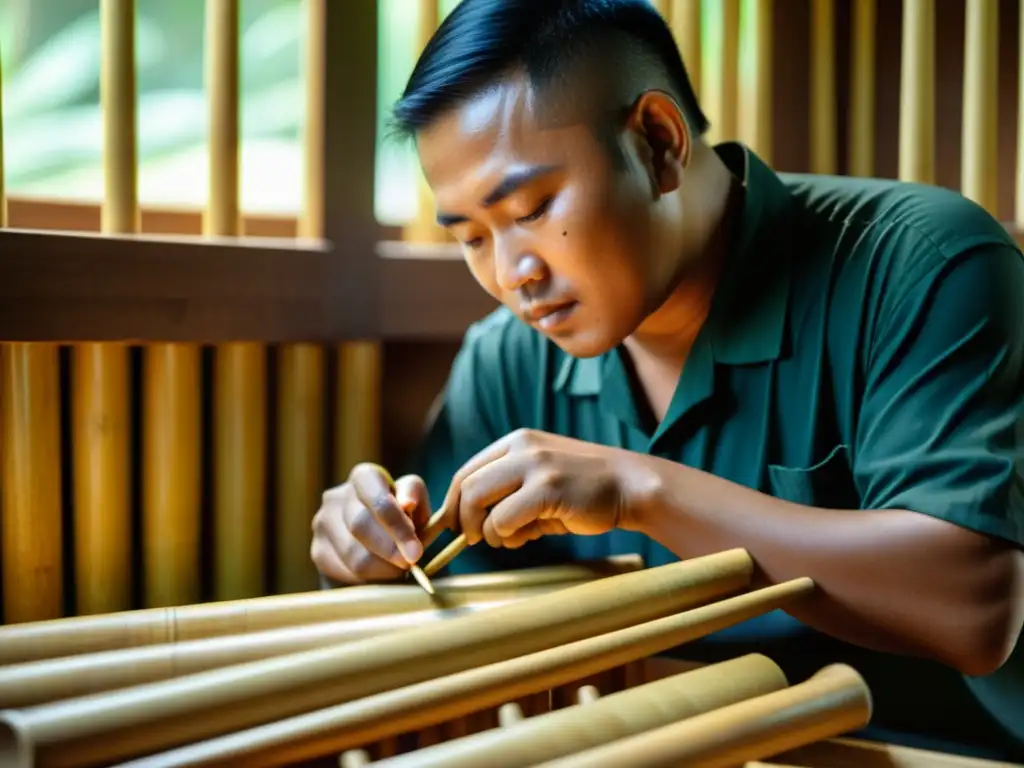 Un artesano indonesio tradicional talla con destreza los tubos de bambú de un angklung, con la luz del sol iluminando la escena