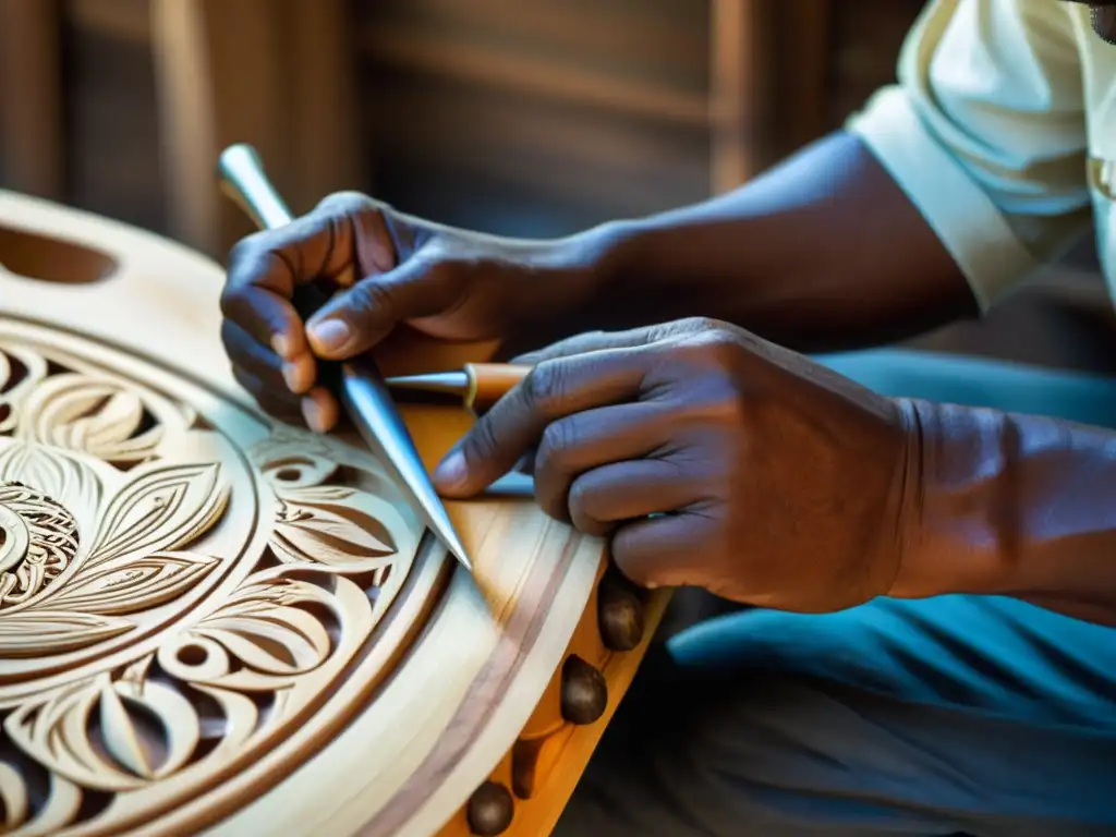 Artesano tallando un instrumento autóctono, destacando la conexión entre tradición y música moderna