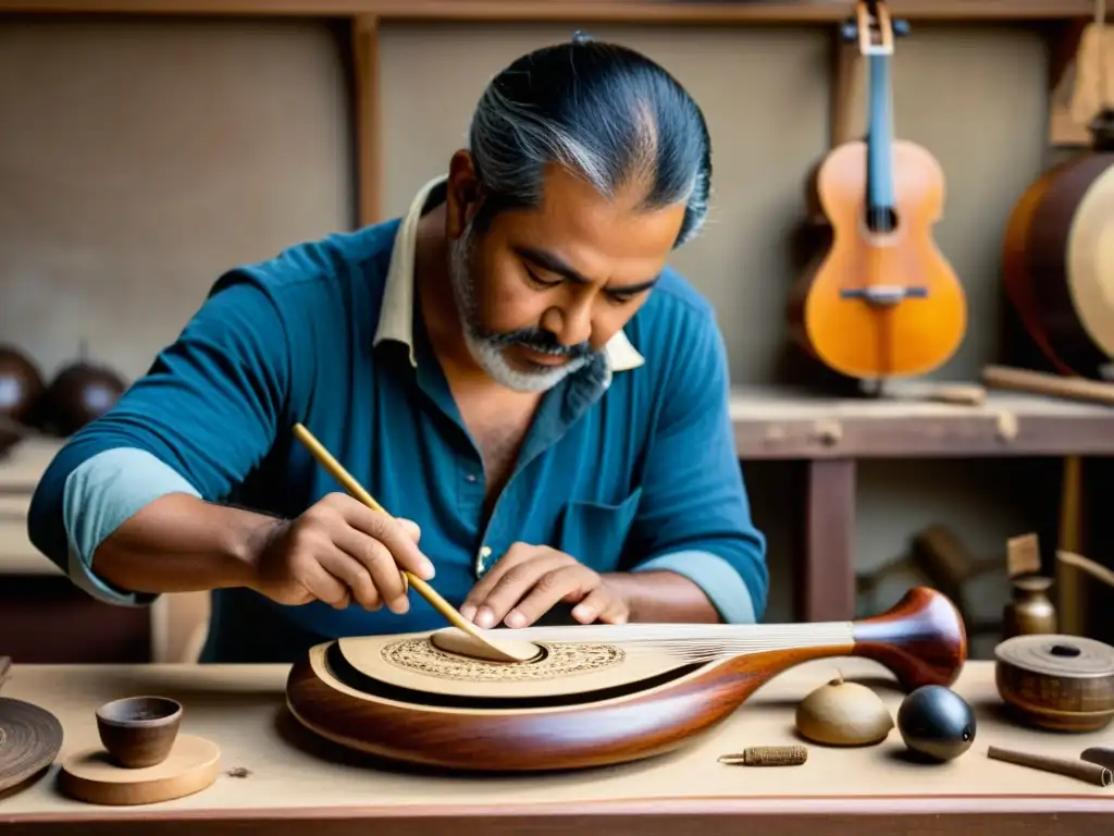 Un artesano preserva un instrumento musical antiguo con métodos tradicionales, rodeado de herramientas y artefactos históricos