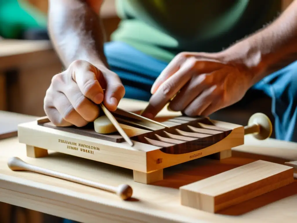 Artesano creando instrumento musical ecológico sostenible con madera ética, destreza y pasión por la artesanía tradicional