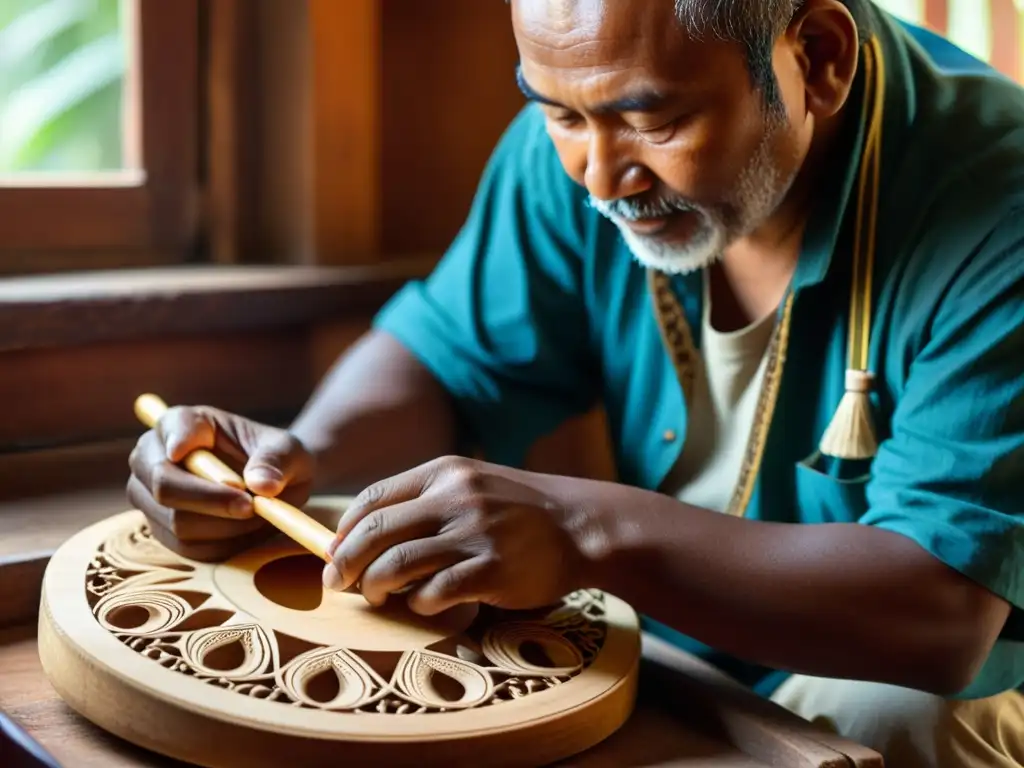 Un artesano cuidadosamente restaurando un instrumento musical étnico, preservando su belleza con luz natural