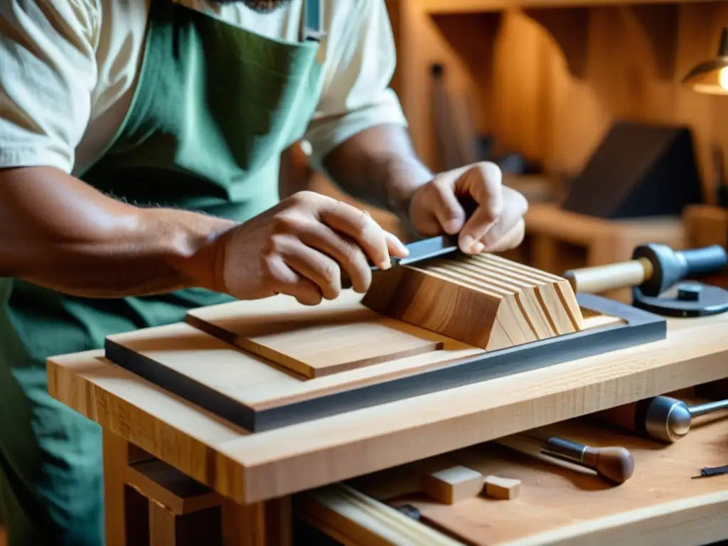 Un artesano cuidadosamente talla un instrumento musical con madera alternativa, destacando la sostenibilidad en la fabricación de instrumentos