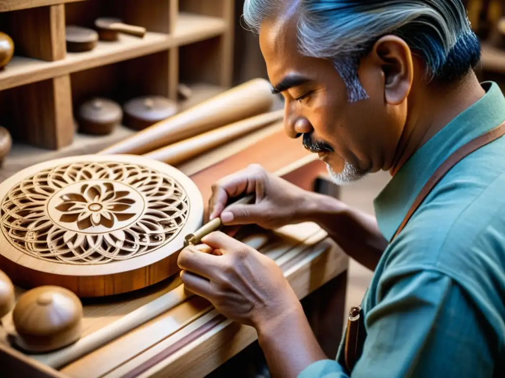 Artesano tallando instrumento musical de madera, preservación de instrumentos musicales tradicionales