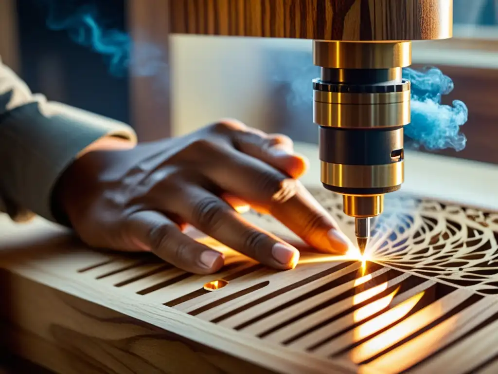 Un artesano utiliza tecnología láser para decorar un instrumento musical de madera, fusionando tradición y modernidad