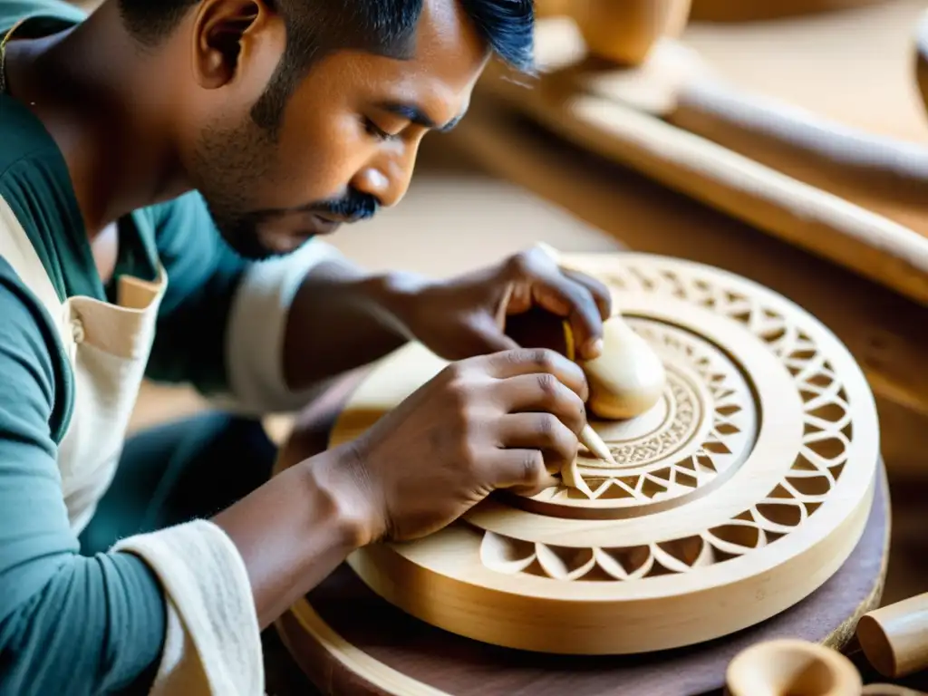 Artesano creando instrumento musical con materiales orgánicos, reflejando influencia en acústica y tradición artesanal