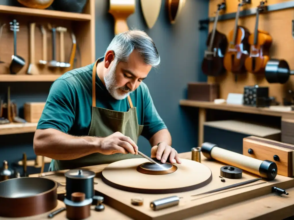 Un artesano hábil crea un instrumento musical moderno en un taller, destacando la evolución de la artesanía tradicional y el diseño contemporáneo