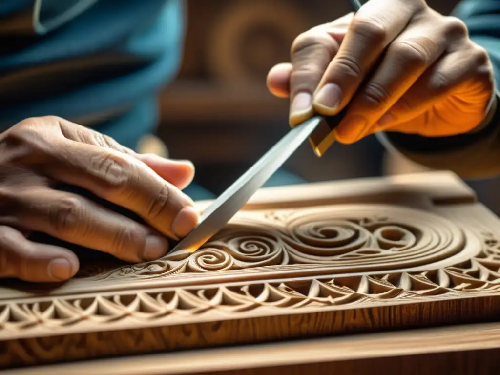 Un artesano recrea un instrumento musical perdido en madera antigua, con luces cálidas que resaltan la dedicación y destreza en su trabajo