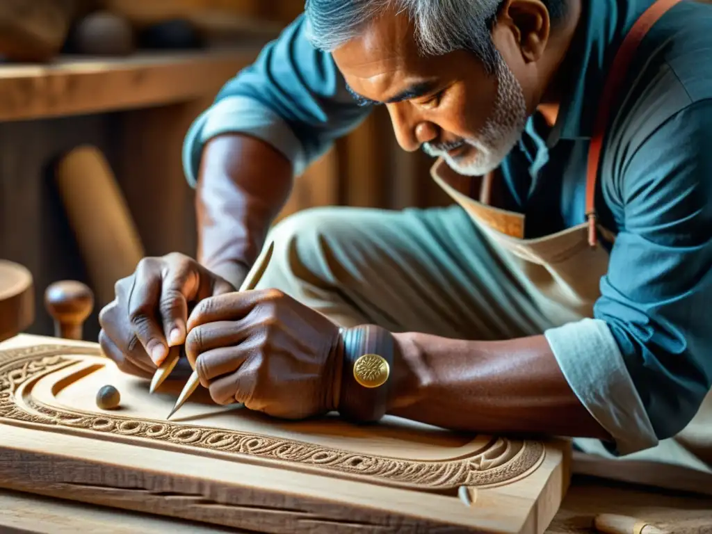 Un artesano esculpe con maestría un instrumento musical prehistórico con materiales naturales, destacando la ancestral resonancia