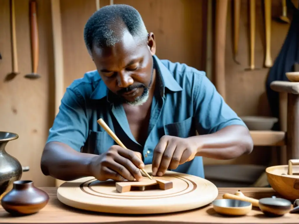 Un artesano crea un instrumento musical sostenible con materiales éticos y herramientas tradicionales