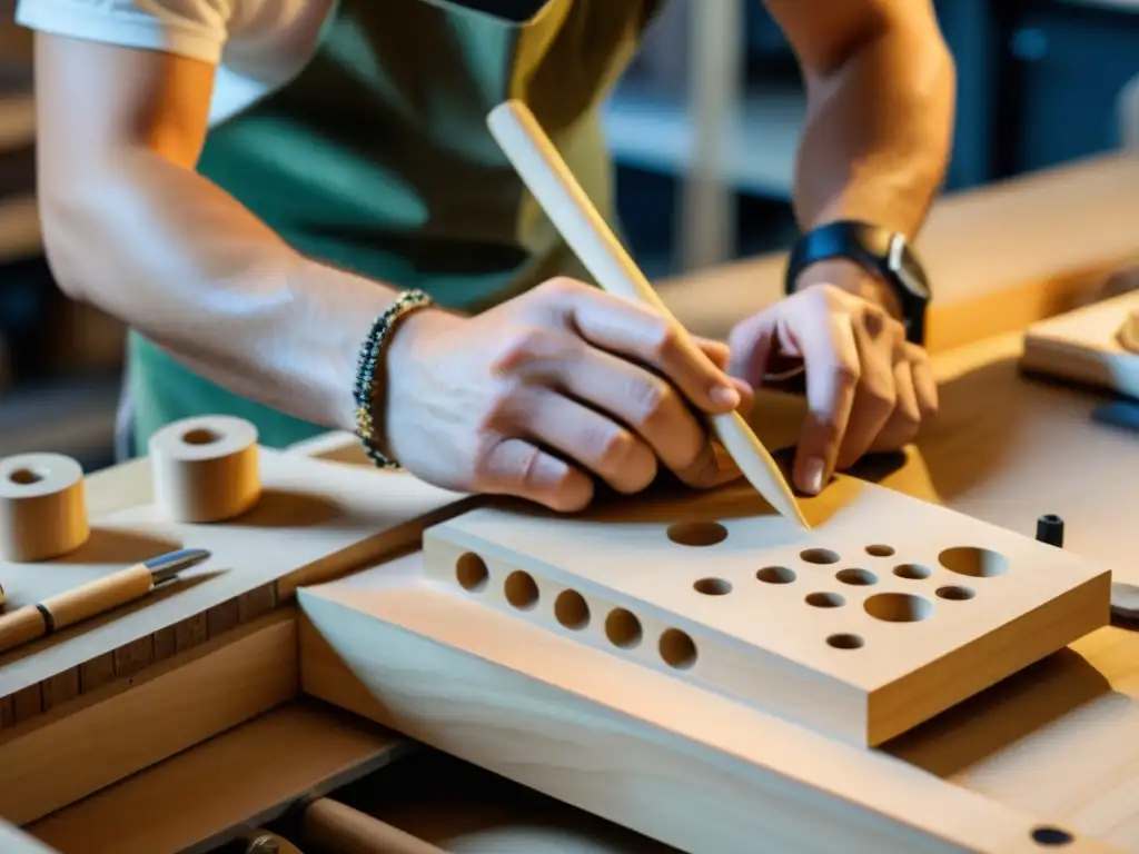 Un artesano crea un instrumento musical DIY en un taller cálido y acogedor