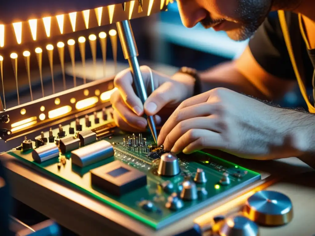 Un artesano crea un instrumento musical tecnológico en un taller lleno de herramientas especializadas, fusionando artesanía e innovación