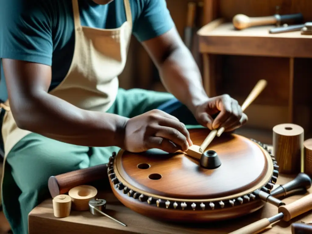 Un artesano restaura un instrumento musical tradicional con meticulosidad, rodeado de herramientas y materiales