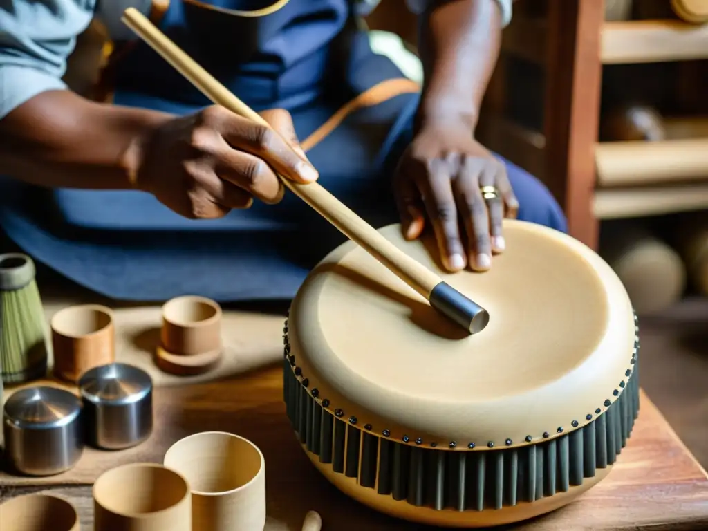 Artesano crea instrumento de percusión ecológico con impacto ambiental positivo, mostrando destreza y conciencia medioambiental