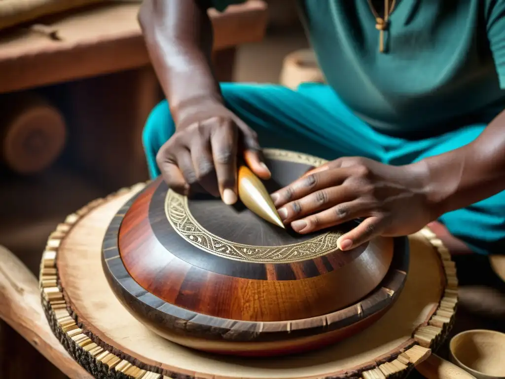 Artesano creando un instrumento de percusión tradicional, resaltando la artesanía y la globalización en la percusión tradicional