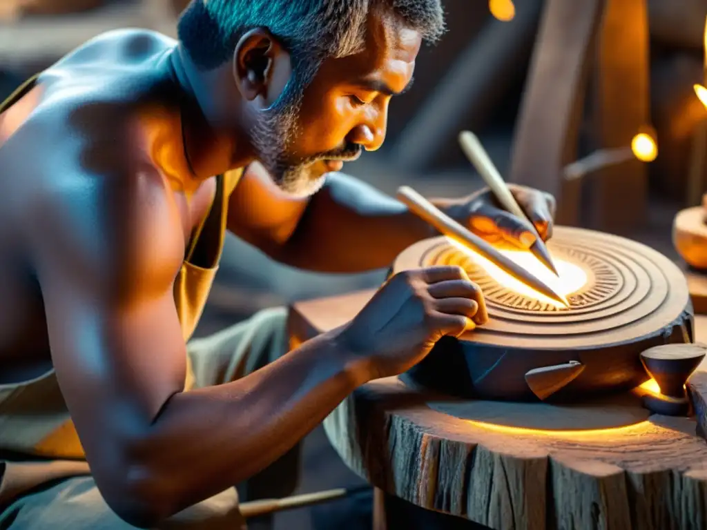 Artesano tallando réplica de instrumento prehistórico en ambiente cálido, evocando el resurgimiento de instrumentos musicales prehistóricos