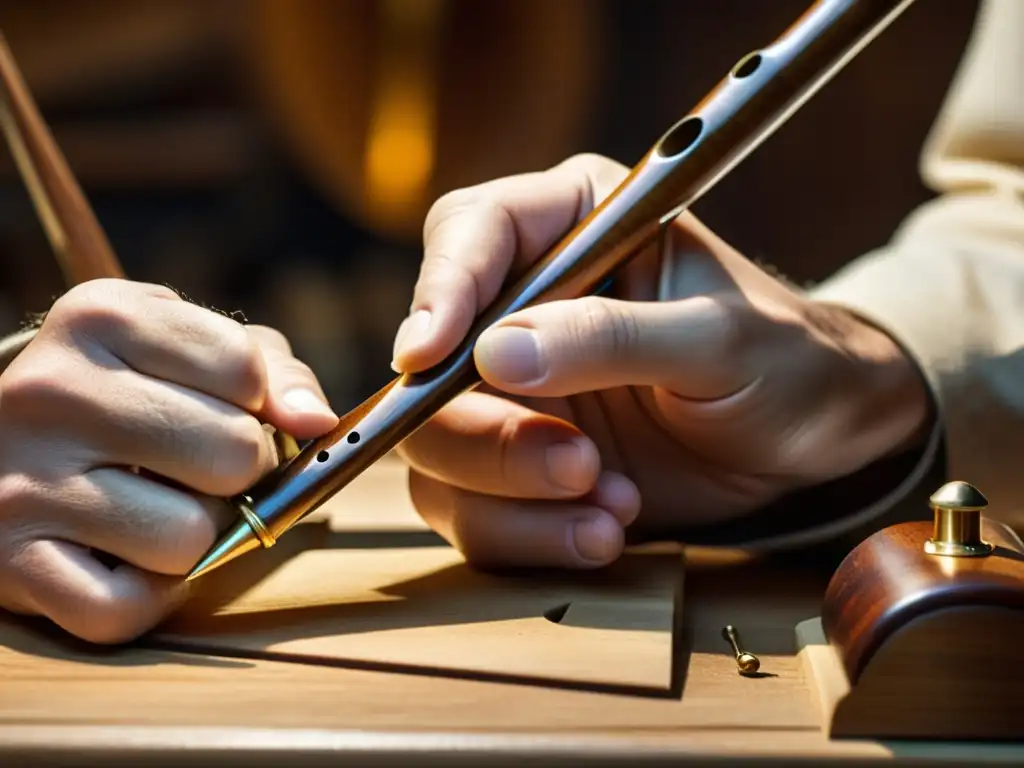 Un artesano restaura con maestría un instrumento de viento antiguo, resaltando la importancia de la restauración de instrumentos de viento