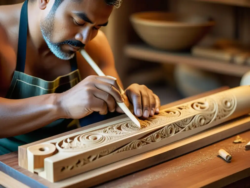 Un artesano esculpe detalladamente un instrumento de viento, destacando la conexión entre la artesanía y la creación de instrumentos musicales