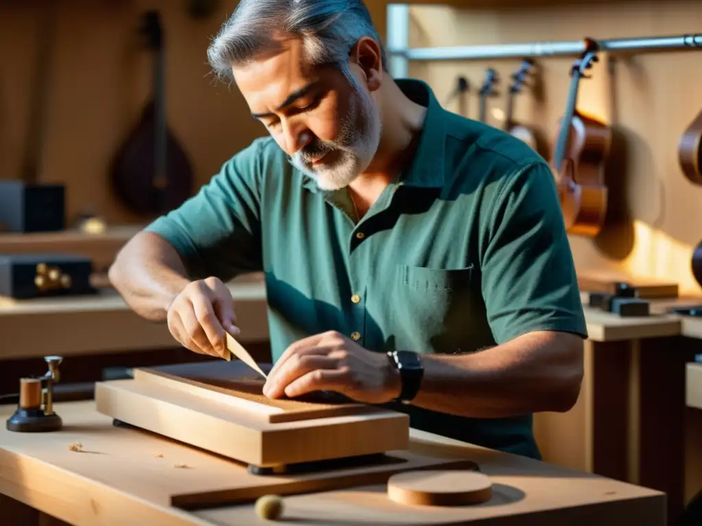 Artesano construyendo instrumentos musicales digitales con precisión y dedicación, entre sombras y virutas de madera suspendidas en el aire