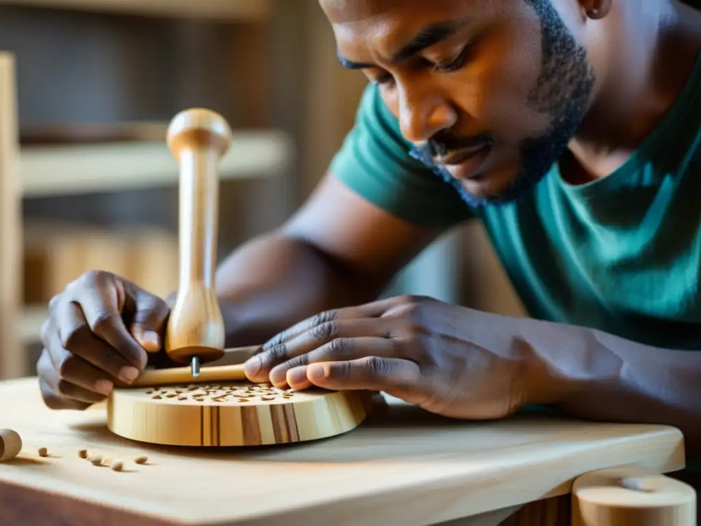 Un artesano hábil crea instrumentos musicales ecológicos innovadores con materiales sostenibles, destacando la dedicación y el enfoque en la artesanía