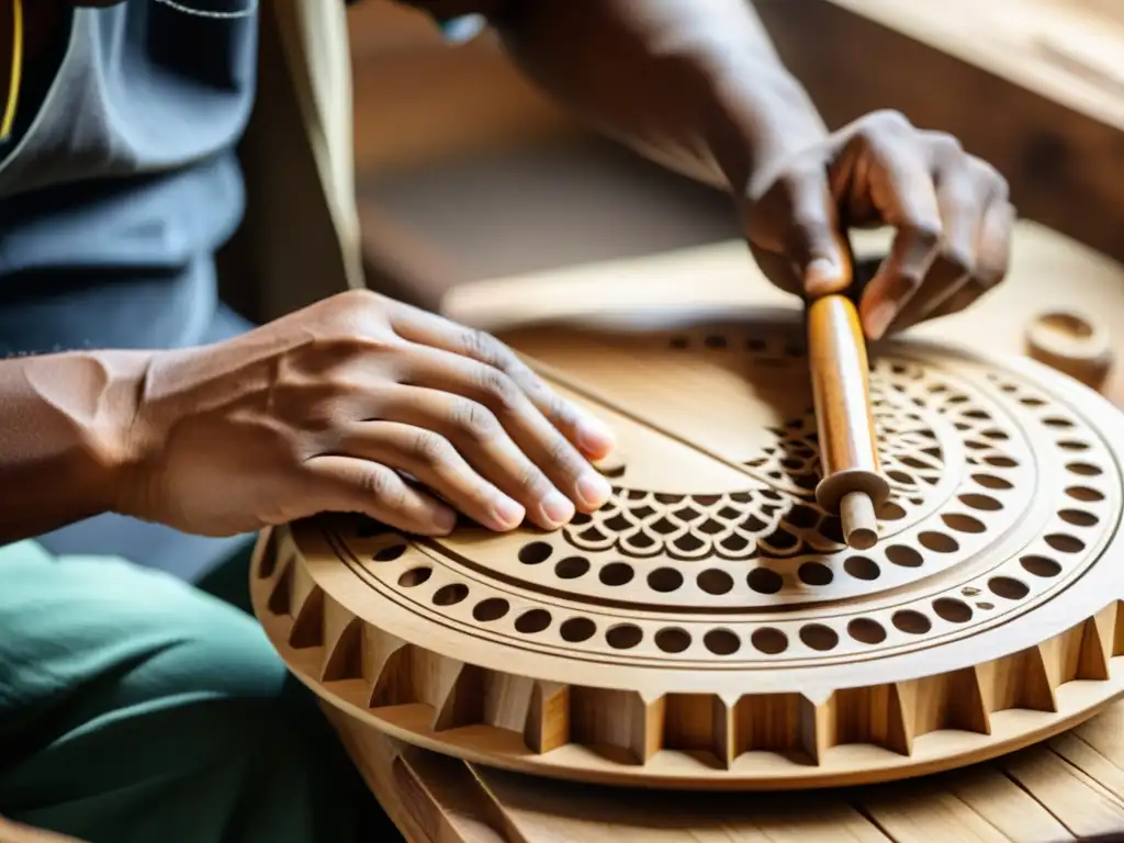 Artesano tallando instrumentos musicales ecológicos innovadores con madera sostenible, destacando la tradición y la destreza artesanal