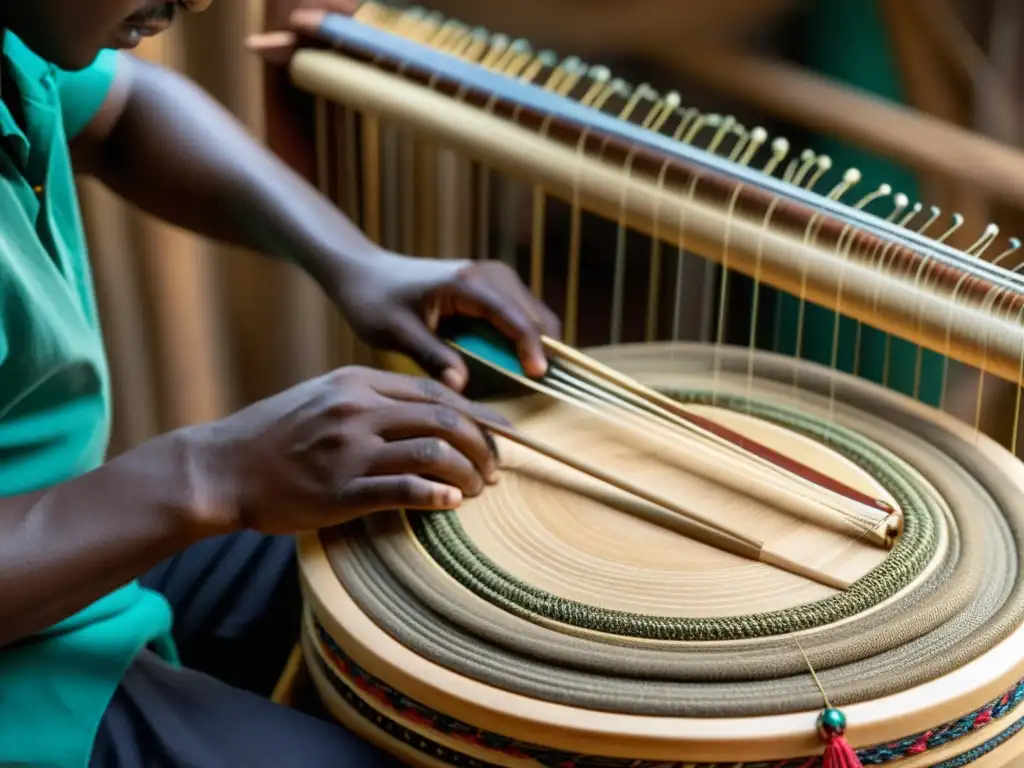 Un artesano crea instrumentos musicales hechos con materiales reciclados, mostrando su dedicación y destreza en cada detalle