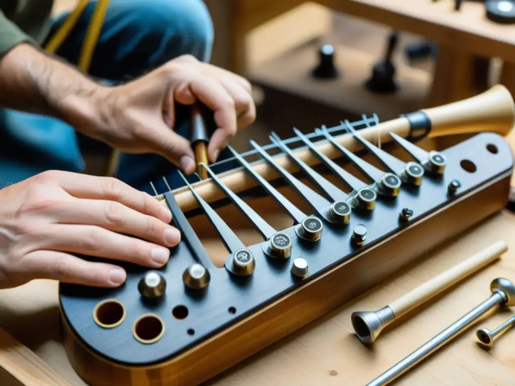 Un artesano hábil construye instrumentos musicales con materiales reciclados, mostrando la dedicación y la conciencia ambiental en su taller