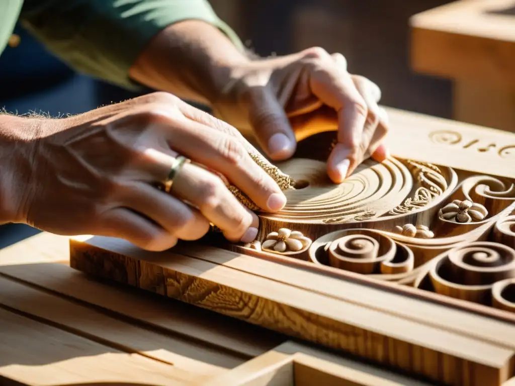 Artesano elaborando instrumentos musicales sostenibles con madera recuperada, detalle de tallado y grano de madera