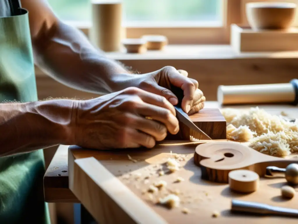 Un artesano crea instrumentos musicales sostenibles con destreza, rodeado de herramientas e iluminado por la luz natural en su taller de madera