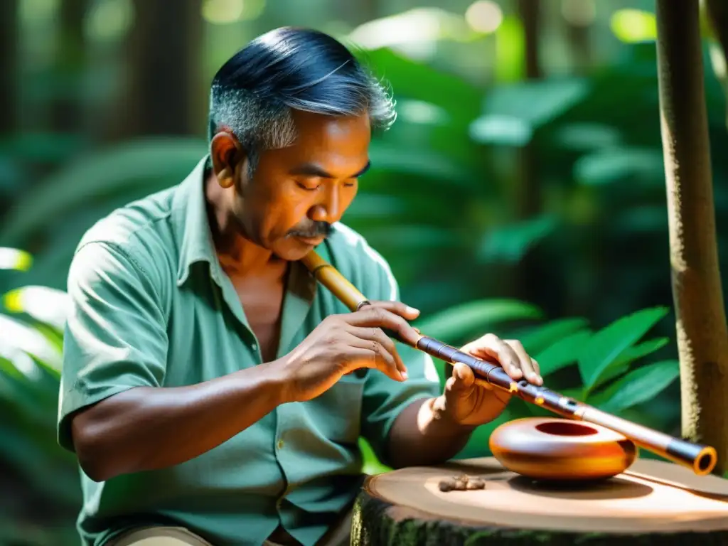 Un artesano de instrumentos musicales tradicionales talla diseños en una flauta de madera en un bosque exuberante, resaltando el vínculo ecológico