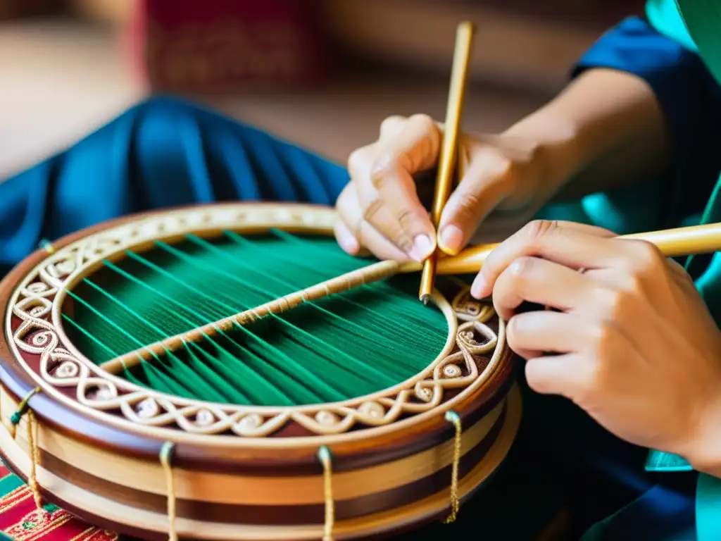 Artesano creando instrumentos orientales con materiales tradicionales y meticulosa artesanía en madera y seda